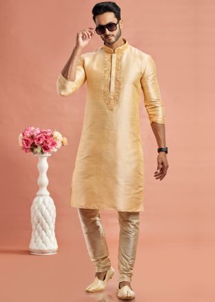 Golden Embroidered Readymade Men Kurta Pajama In Art Silk