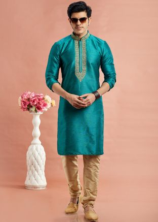 Teal Blue Readymade Art Silk Men Kurta Pajama In Embroidery