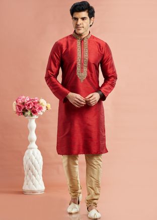 Readymade Maroon Art Silk Men Embroidered Kurta Pajama
