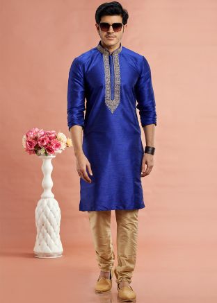 Blue Embroidered Readymade Men Kurta Pajama In Art Silk