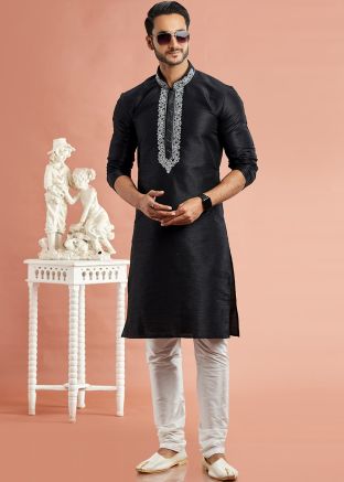 Black Embroidered Readymade Art Silk Men Kurta Pajama