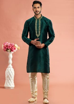Green Embroidered Readymade Men Kurta Pajama In Art Silk