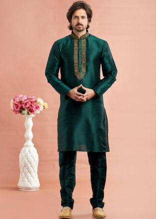 Green Embroidered Readymade Men Kurta Pajama In Art Silk