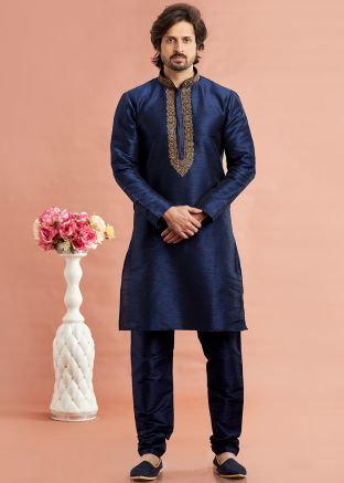 Blue Embroidered Readymade Art Silk Men Kurta Pajama