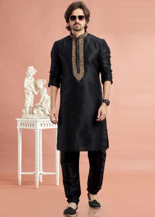 Black Embroidered Readymade Men Kurta Pajama In Art Silk