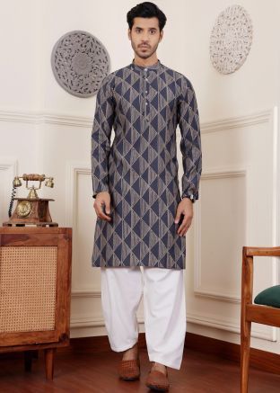 Navy Blue Printed Men Kurta Pajama