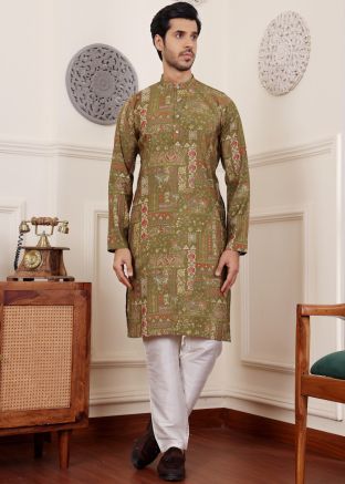 Green Printed Kurta Pajama For Men