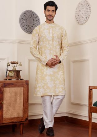 Men Light Yellow Printed Kurta Pajama