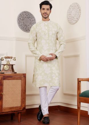 Light Green Floral Print Readymade Kurta Pajama