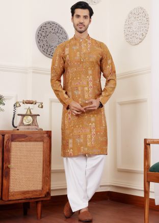Yellow Printed Readymade Kurta Pajama