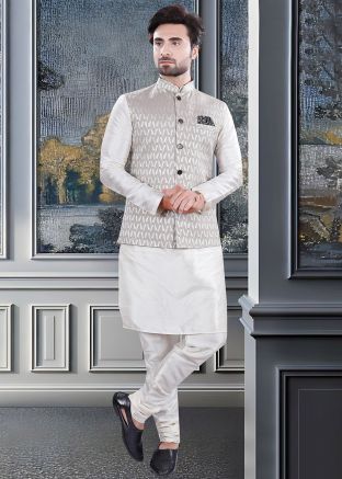 Cream Kurta Pajama With Woven Nehru Jacket