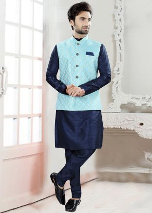 Navy Blue Men Kurta Pajama With Woven Nehru Jacket