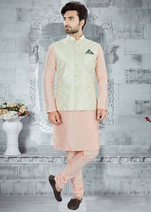 Baby Pink Kurta Pajama With Woven Nehru Jacket