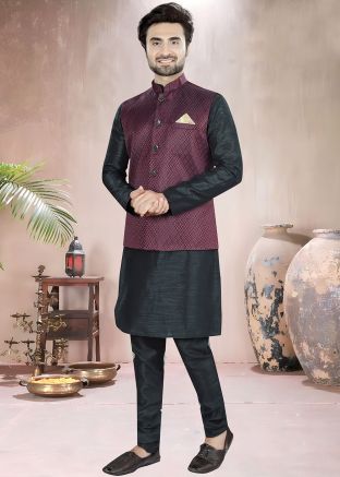 Black Readymade Kurta Pajama With Woven Nehru Jacket