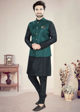 Black Kurta Pajama With Green Woven Nehru Jacket