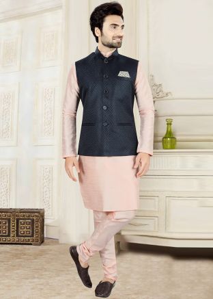 Pink Kurta Pajama With Black Woven Nehru Jacket