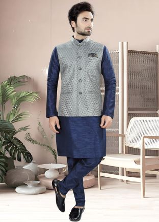 Navy Blue Men Kurta Pajama With Woven Nehru Jacket
