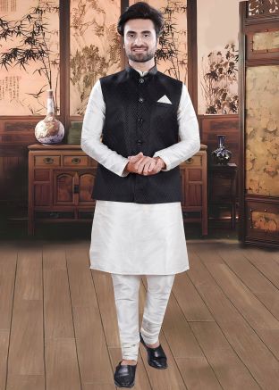 Cream Kurta Pajama With Woven Nehru Jacket