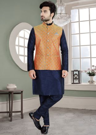 Navy Blue Kurta Pajama With Woven Nehru Jacket