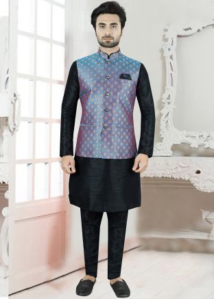 Black Kurta Pajama With Blue Woven Nehru Jacket