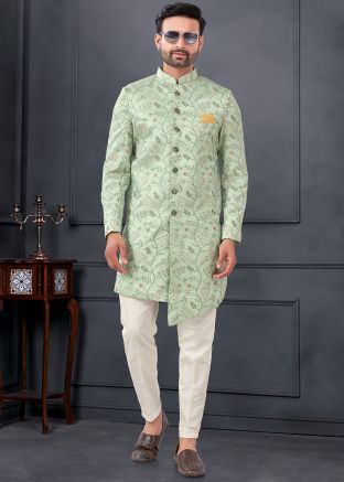 Green Embroidered Men Indo Western Sherwani