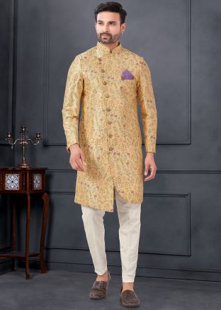 Yellow Embroidered Indo Western Sherwani