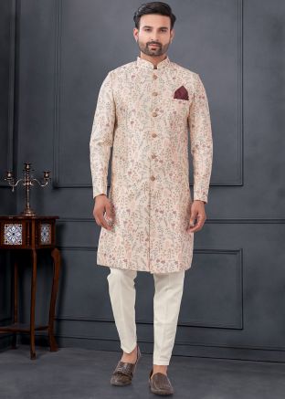 Peach Embroidered Men Indo Western Sherwani