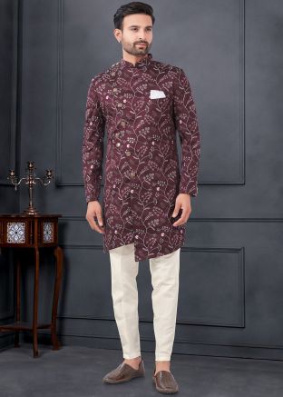Wine Embroidered Indo Western In Silk