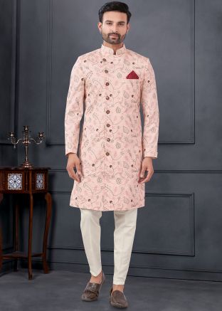 Peach Embroidered Men Indo Western Sherwani