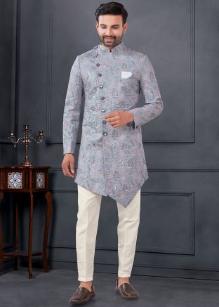 Grey Embroidered Men Indo Western Sherwani