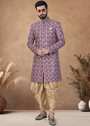 Purple Readymade Embroidered Cotton Men Indowestern Sherwani With Dhoti