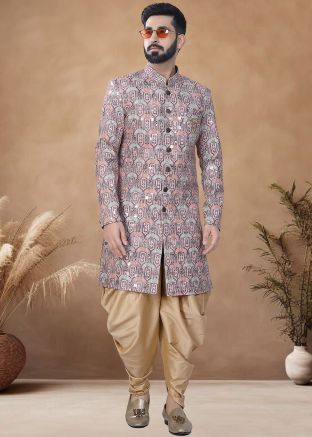 Brown Embroidered Readymade Cotton Men Indowestern Sherwani With Dhoti