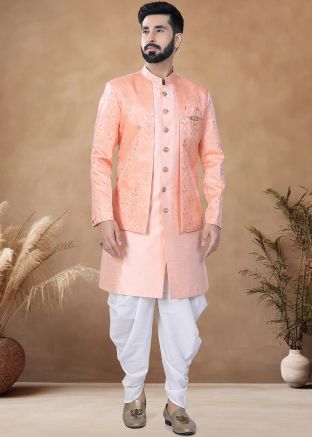 Peach Woven Jacket Style Readymade Men Indowestern Sherwani And Dhoti