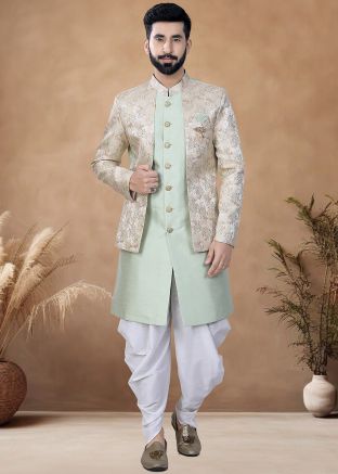 Peach Jacket Style Readymade Men Indowestern Sherwani And Dhoti In Art Silk