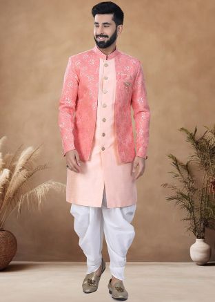 Peach Readymade Woven Men Indowestern Sherwani With Dhoti In Jacket Style