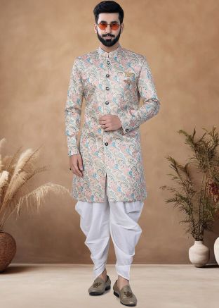 Multicolor Woven Readymade Jacquard Men Indowestern Sherwani With Dhoti