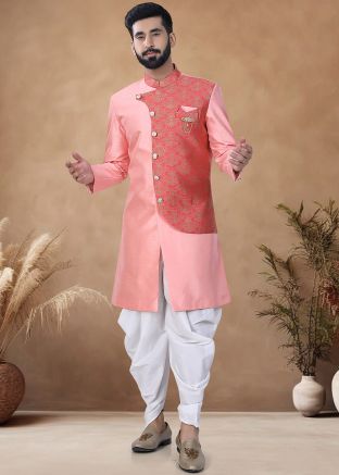 Peach Woven Readymade Men Indowestern Sherwani With Dhoti In Art silk