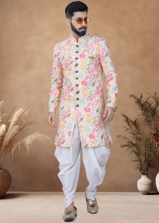 Multicolor Embroidered Readymade Men Indowestern Sherwani With Dhoti In Rayon