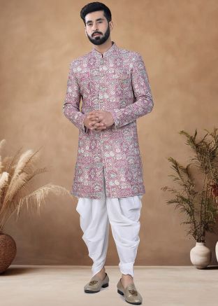 Pink Rayon Readymade Embroidered Men Indowestern Sherwani With Dhoti 
