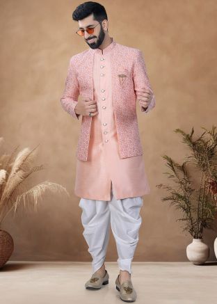 Peach Readymade Woven Men Indowestern Sherwani With Dhoti In Jacket Style