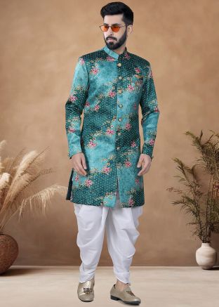 Green Readymade Jacquard Men Indowestern Sherwani With Dhoti In Print