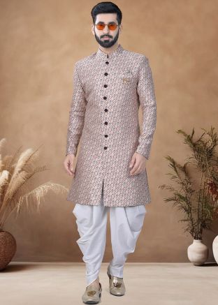 Pink Readymade Printed Men Indowestern Sherwani With Dhoti In Jacquard 