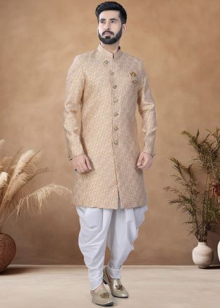 Beige Readymade Jacquard Men Printed Indowestern Sherwani With Dhoti