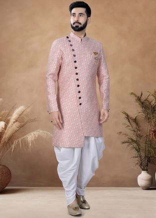 Pink Readymade Woven Men Asymmetric Sherwani With Dhoti In Jacquard 