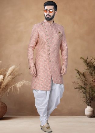 Pink Readymade Men Asymmetric Sherwani With Dhoti In Woven Work