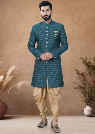 Teal Green Readymade Jacquard Men Indowestern Sherwani With Dhoti In Print