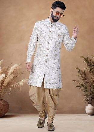 White Readymade Embroidered Men Indowestern Sherwani With Dhoti In Silk
