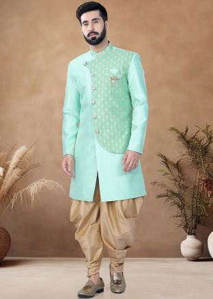 Seafoam Green Readymade Art Silk Men Indowestern Sherwani With Dhoti