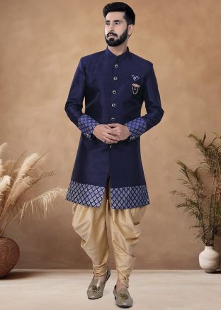 Blue Readymade Men Printed Indowestern Sherwani With Dhoti In Jacquard