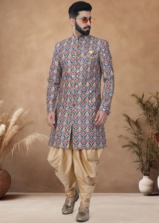 Blue Readymade Cotton Men Indowestern Sherwani With Dhoti In Embroidery